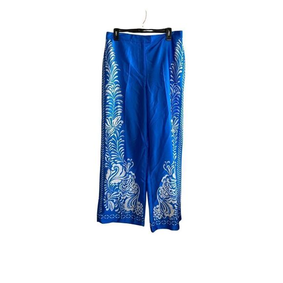 Zara women’s NWOT satin effect printed wide leg high waisted blue pants as/L - Picture 6 of 9